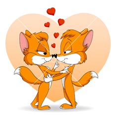 Two cartoon cute falling in love fox