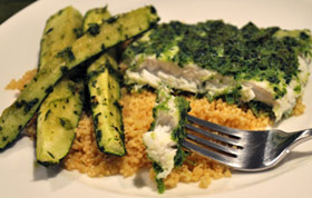 Herb-Coated Halibut with Zucchini and Whole Wheat Couscous
